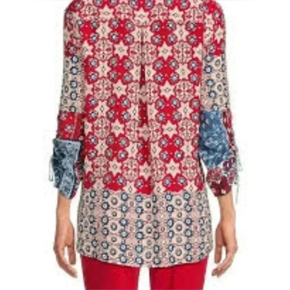 John Mark Women's Floral Red White Blue Top Boho Tunic 3/4 Sleeve Sz S NWT - Picture 8 of 10